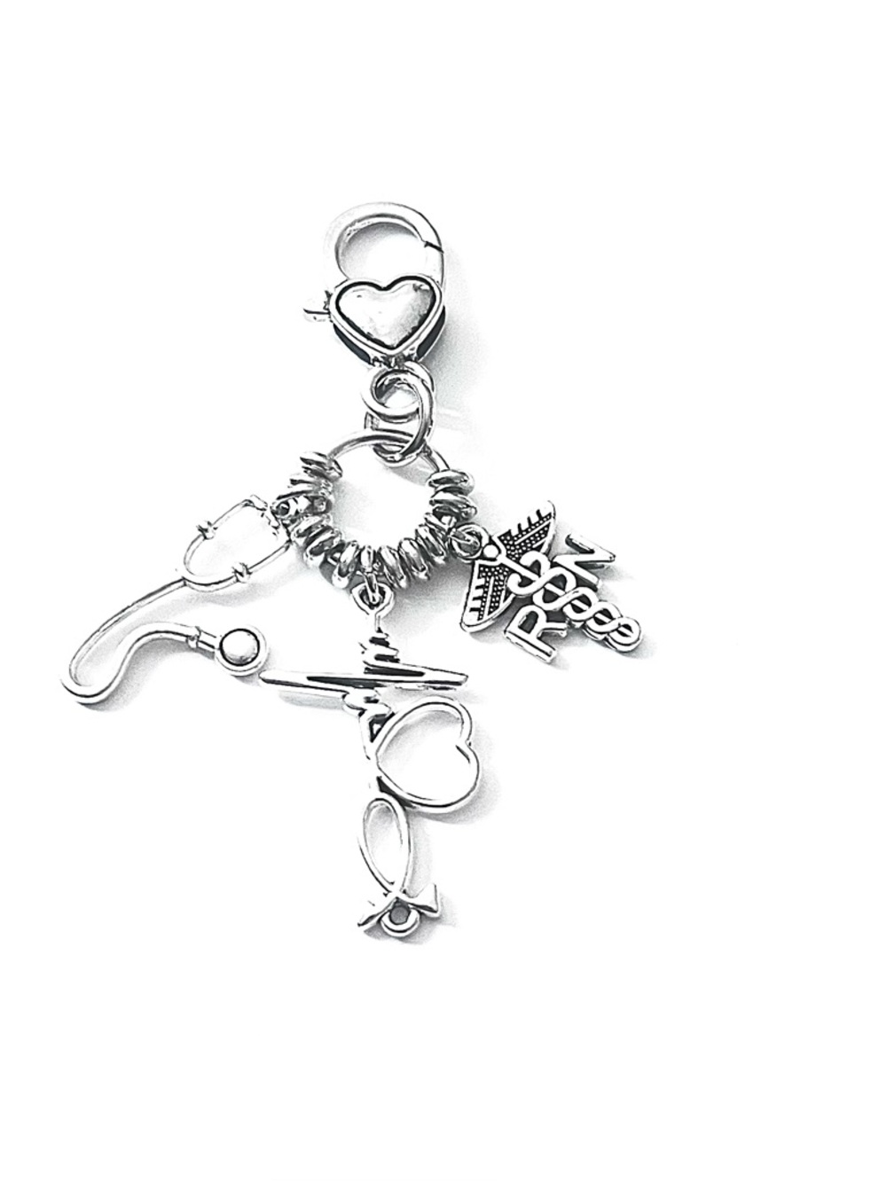 Silver Medical Charm Dangle Keychain with Heart Lobster Clasp